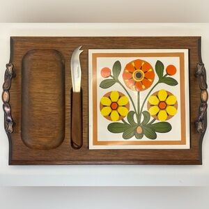 Vintage 70s wooden‎ serving tray w/ ceramic tile and knife